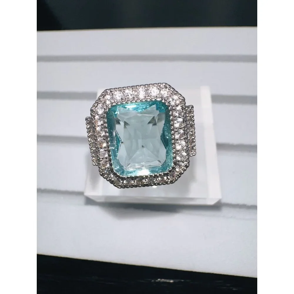 Aquamarine Cubic Zirconia & White Crystal Statement Ring - Picture 4 of 16